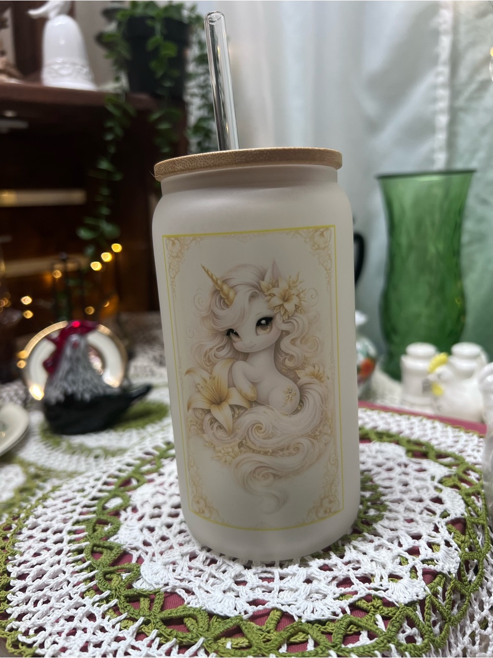 Frosted White Unicorn Beer Can Glass with Glass Straw